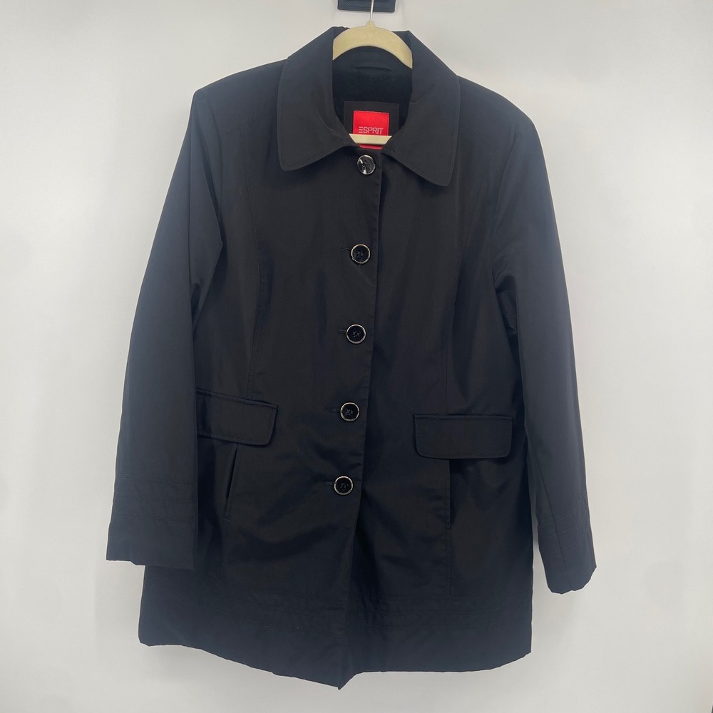 Esprit Button Front Jacket Womens XL Black Fleece Lined Padded Utility Coat